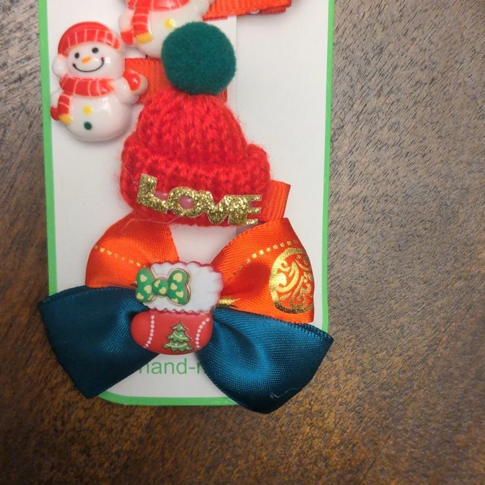 Festive Hair Bow Set with Snowman Hair Clips Set of 5
